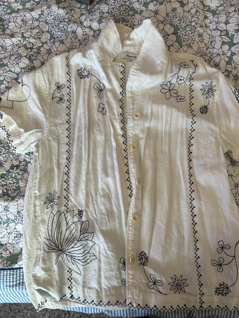 Madewell White Linen Button-Front Shirt with Black Embroidery